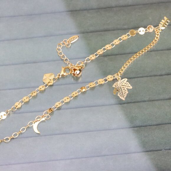 "Rose Gold Leaf Charm Anklet with Moon Pendant, XPAL1184 - Picture 3 of 12